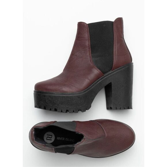 River Island Chunky Platform High Heel Chelsea Ankle Boots Burgundy Size 9 - Picture 1 of 9